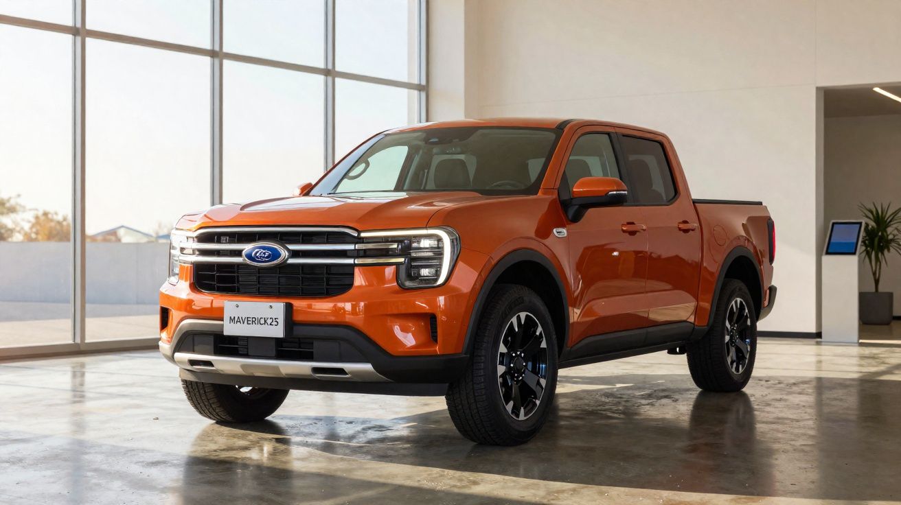 Picape Ford Maverick 2023 na cor laranja exibida em ambiente interno com piso brilhante.