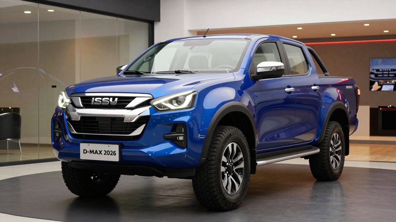 Picape azul Isuzu D-Max 2026 em exibição dentro de showroom moderno.