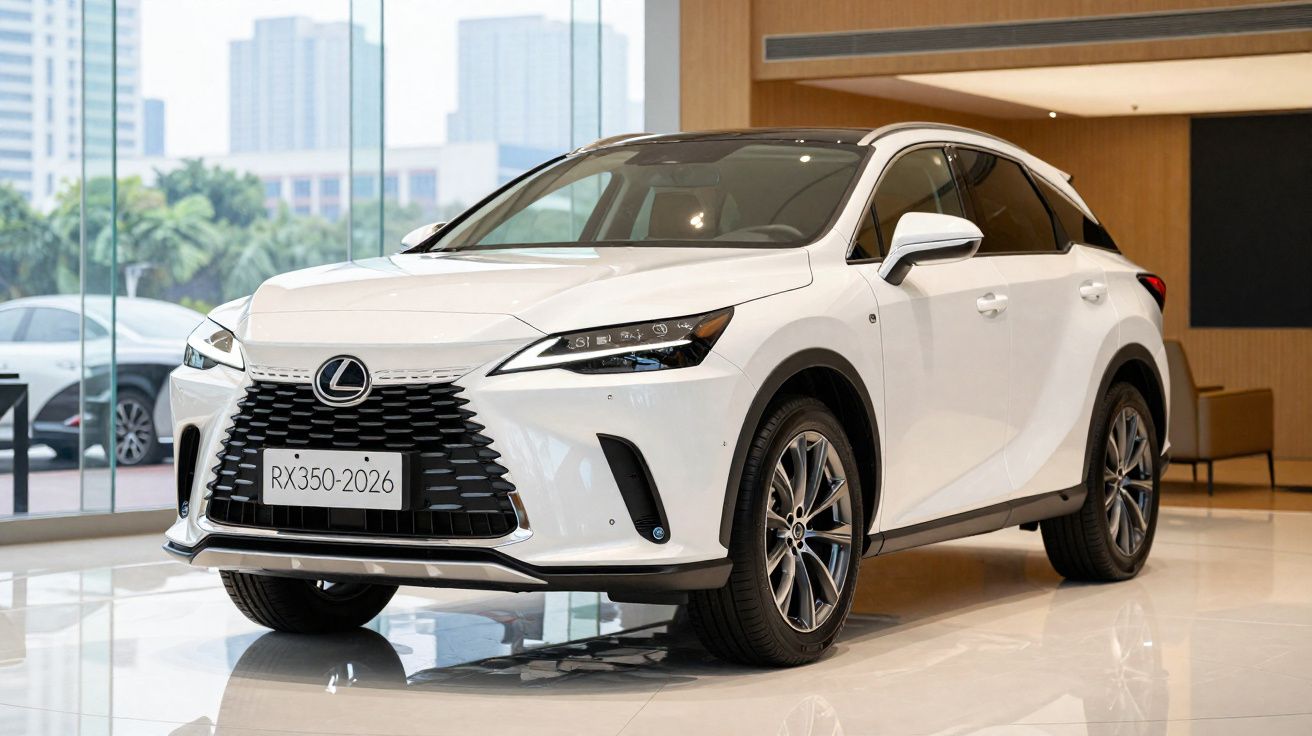 Carro branco Lexus RX350 2026 em showroom moderno com janelas de vidro e decoração minimalista.