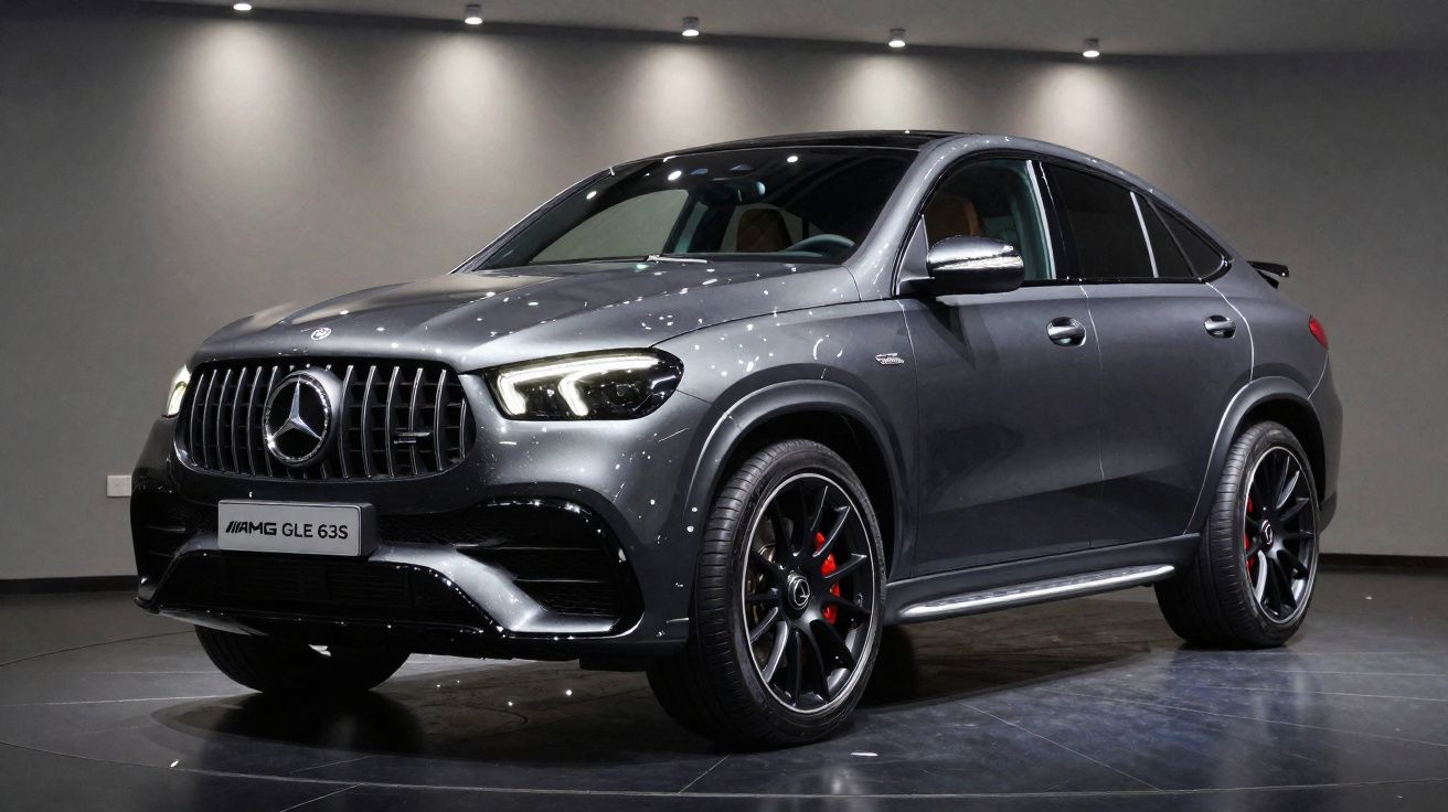 SUV Mercedes-Benz AMG GLE 63S cinza metálico em exposição com luzes refletindo na lataria.