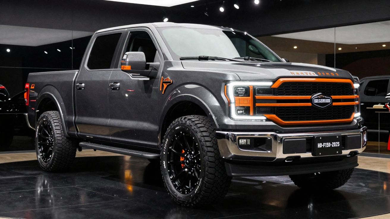 Picape Ford F-150 cinza escuro com detalhes em laranja exibida em ambiente interno com piso preto.