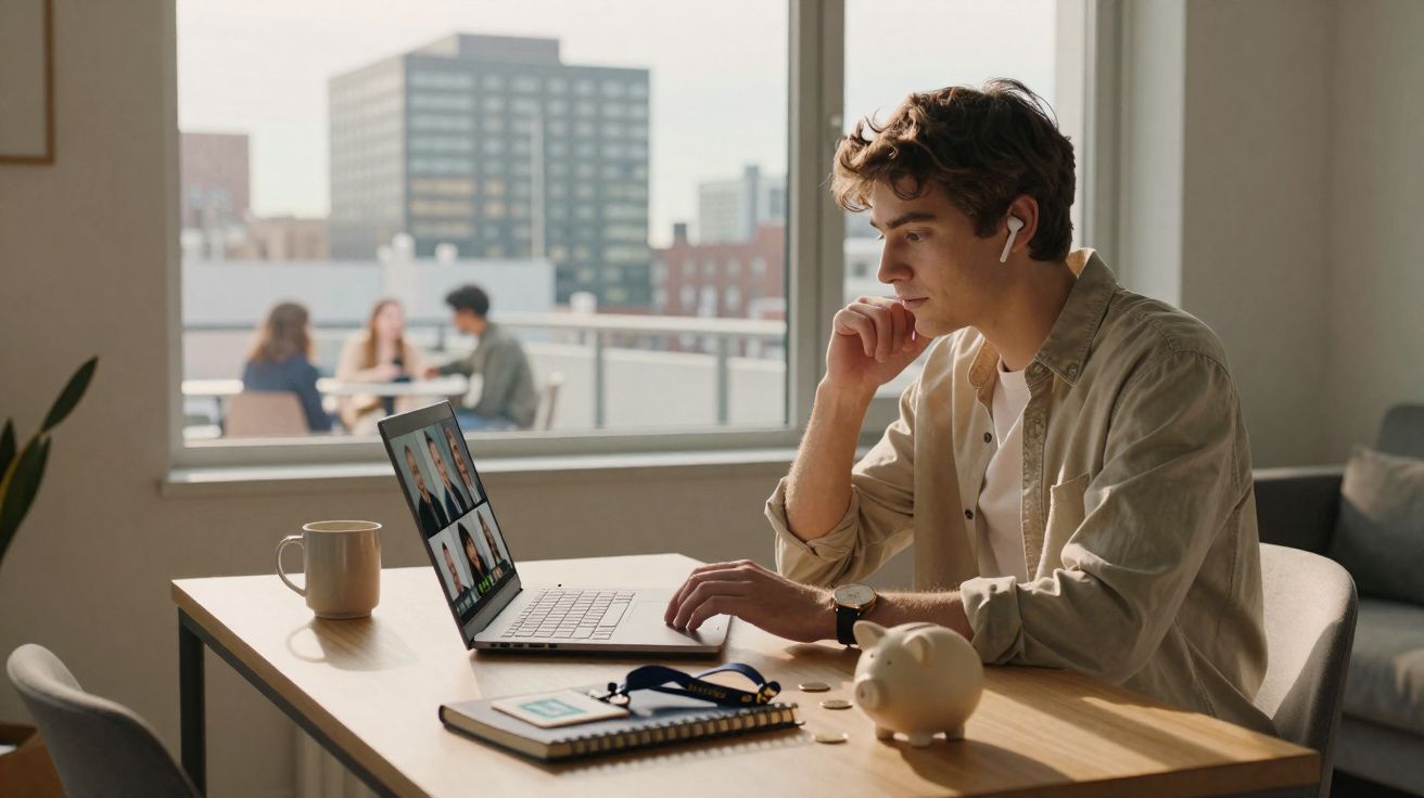 Jovem com fones de ouvido sentado em mesa, usando laptop para videoconferência em ambiente claro e moderno.
