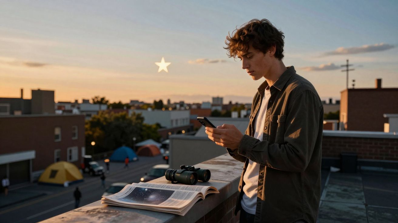 Jovem olhando celular no terraço ao pôr do sol com revista e binóculos sobre a parede.