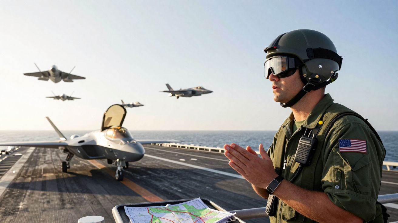 Militar americano com capacete ao lado de caça no convés de porta-aviões com outros jatos voando ao fundo.