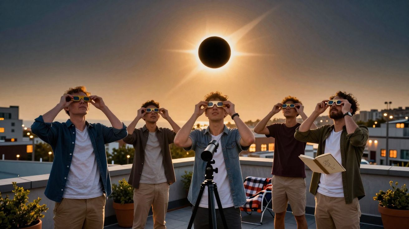 Cinco homens observam eclipse solar com óculos especiais em um terraço ao pôr do sol.