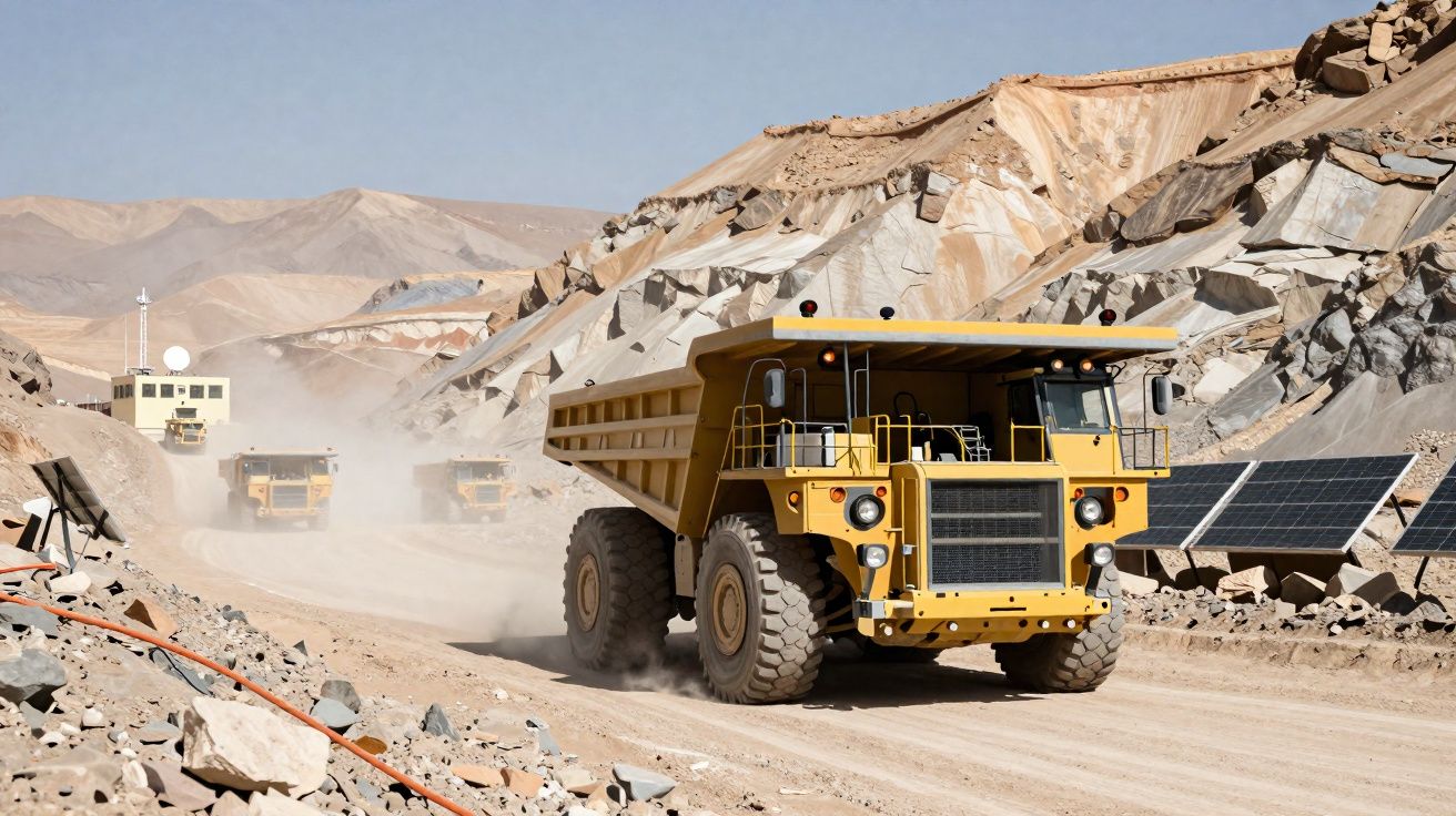 Caminhões de mineração trafegando em estrada de terra com montanhas áridas ao fundo em ambiente desértico.