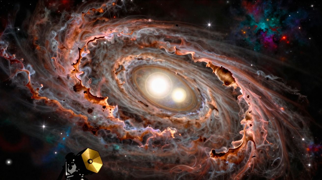 Ilustração de galáxia espiral brilhante com nebulosas coloridas e telescópio observando no canto inferior esquerdo.