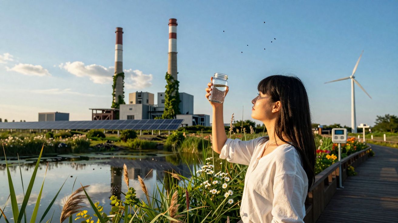 Mulher observa copo d'água em área verde com fábrica, painéis solares e turbina eólica ao fundo.