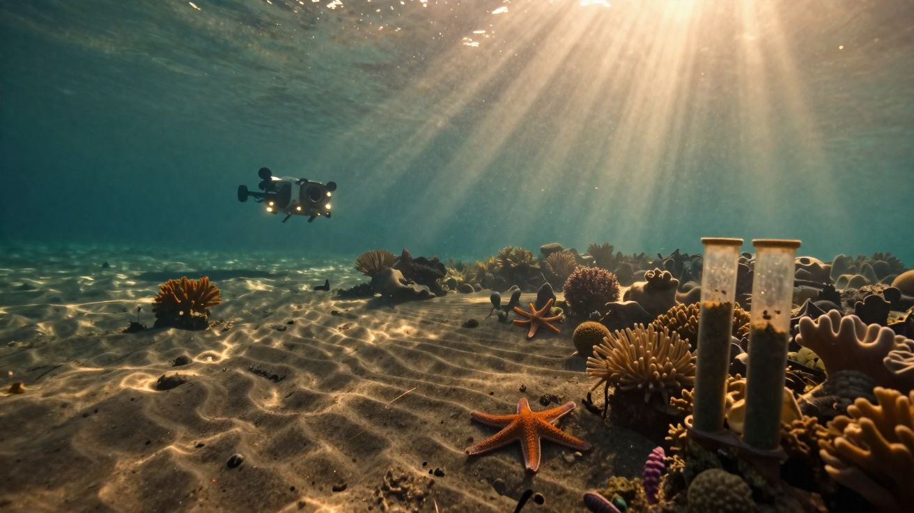 Robo subaquático explorando o fundo do mar com estrelas-do-mar e corais iluminados pela luz do sol.