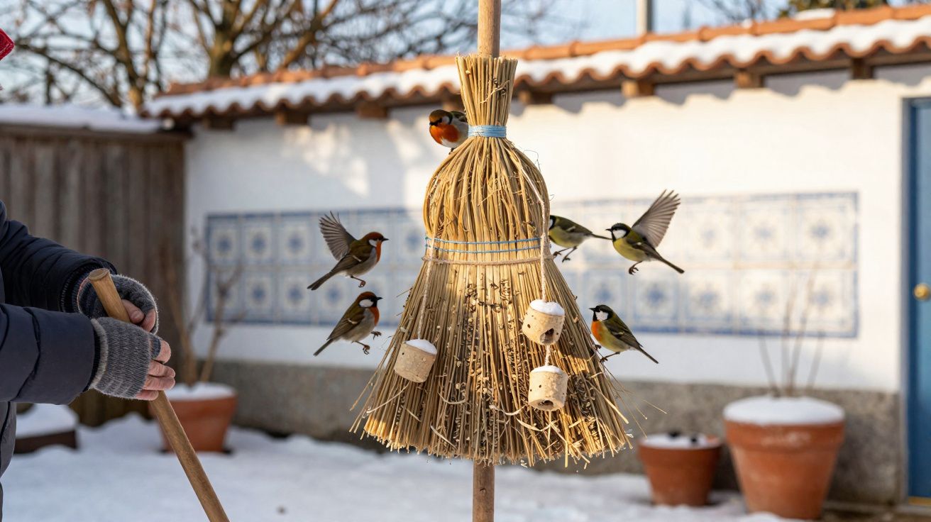 Pássaros pousados e voando ao redor de uma vassoura de palha usada como comedouro na neve.