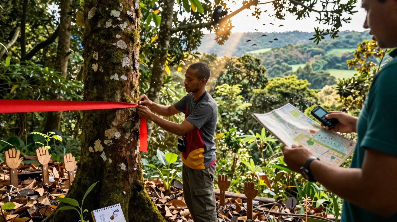 Dois homens em área verde usando fita vermelha e mapas para estudo ambiental de árvores.