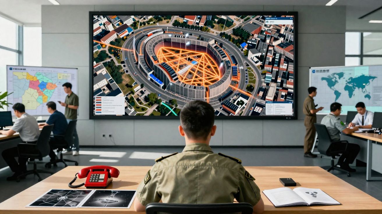 Sala de controle com pessoas observando mapas e um grande painel com imagem aérea de estádio e rotas conectadas.