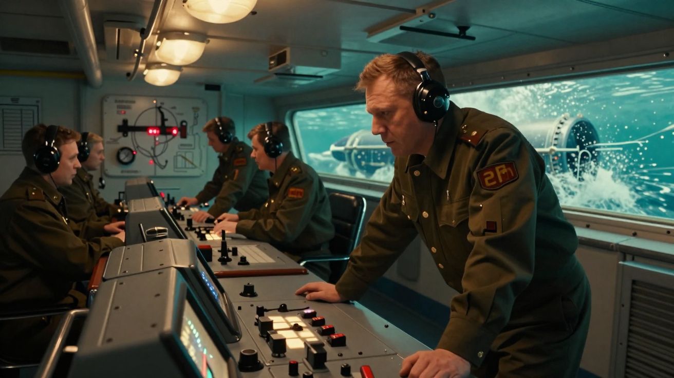 Militares usando fones operam equipamentos de controle em sala de comando com visão do mar à frente.