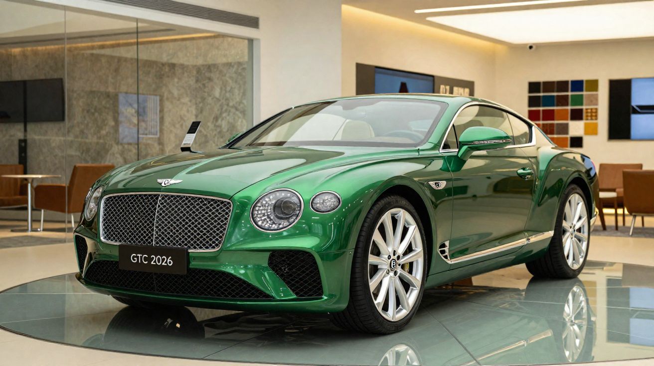 Carro esportivo verde metálico Bentley GTC 2026 em exposição em showroom moderno e sofisticado.