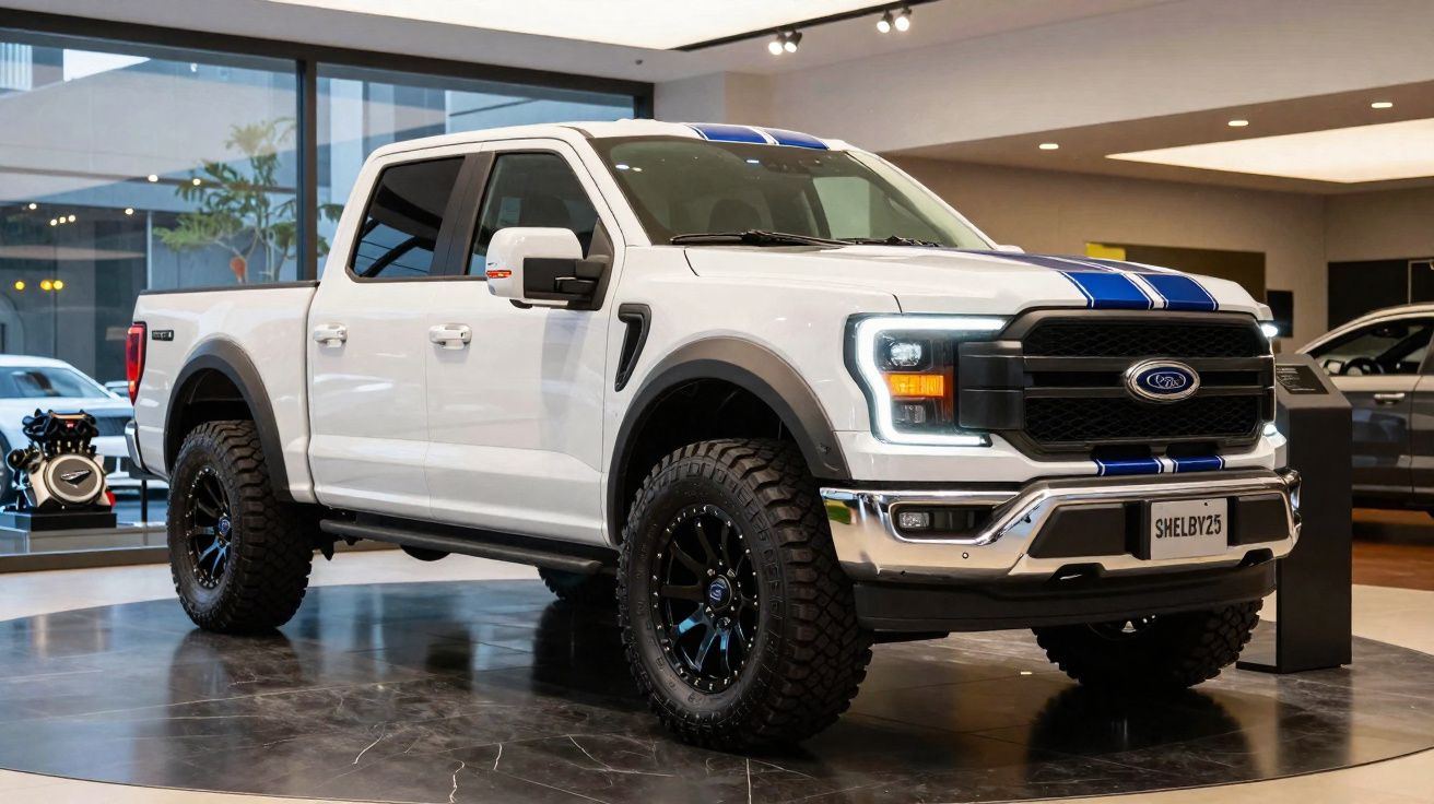 Picape Ford Shelby F-150 branca com faixa azul exposta em showroom moderno e iluminado.