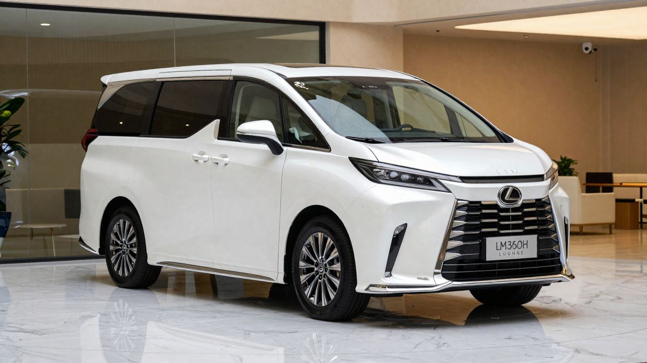 Minivan branca Lexus LM350h estacionada em ambiente interno moderno com piso de mármore.