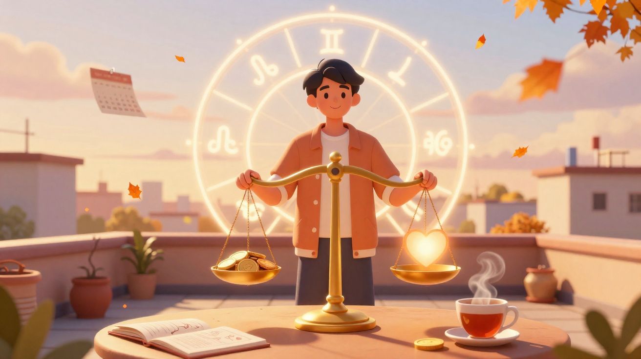 Ilustração de pessoa segurando balança com moedas e coração, ao fundo círculo com signos do zodíaco.