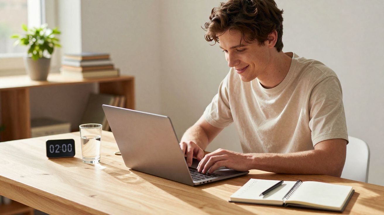 Jovem sorrindo enquanto trabalha em um notebook sentado à mesa com caderno, caneta, relógio digital e copo de água.