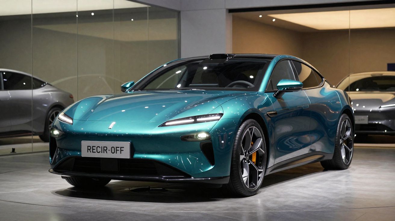 Carro esportivo elétrico verde em exposição interna com design moderno e vidros escurecidos.
