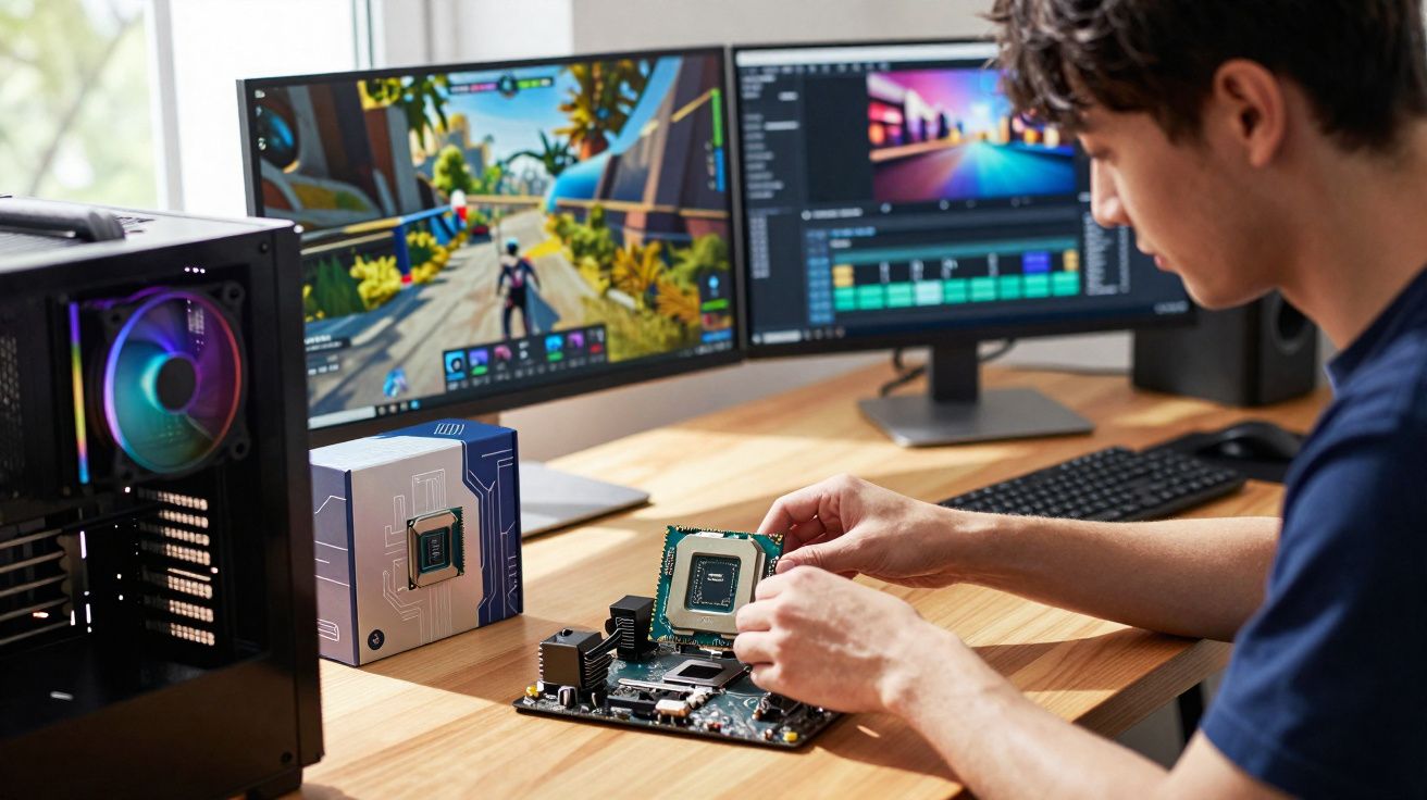 Pessoa instalando processador em placa-mãe com computador e dois monitores ao fundo.