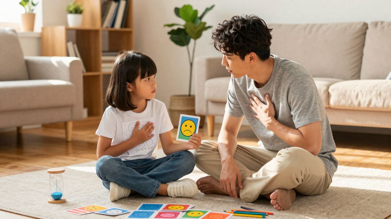 Criança e adulto sentados no chão com cartas de emoções, comunicando sentimentos em ambiente acolhedor.