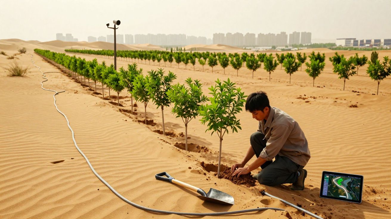 Homem planta mudas em filas organizadas no deserto, com ferramenta e tablet próximo, prédios ao fundo.