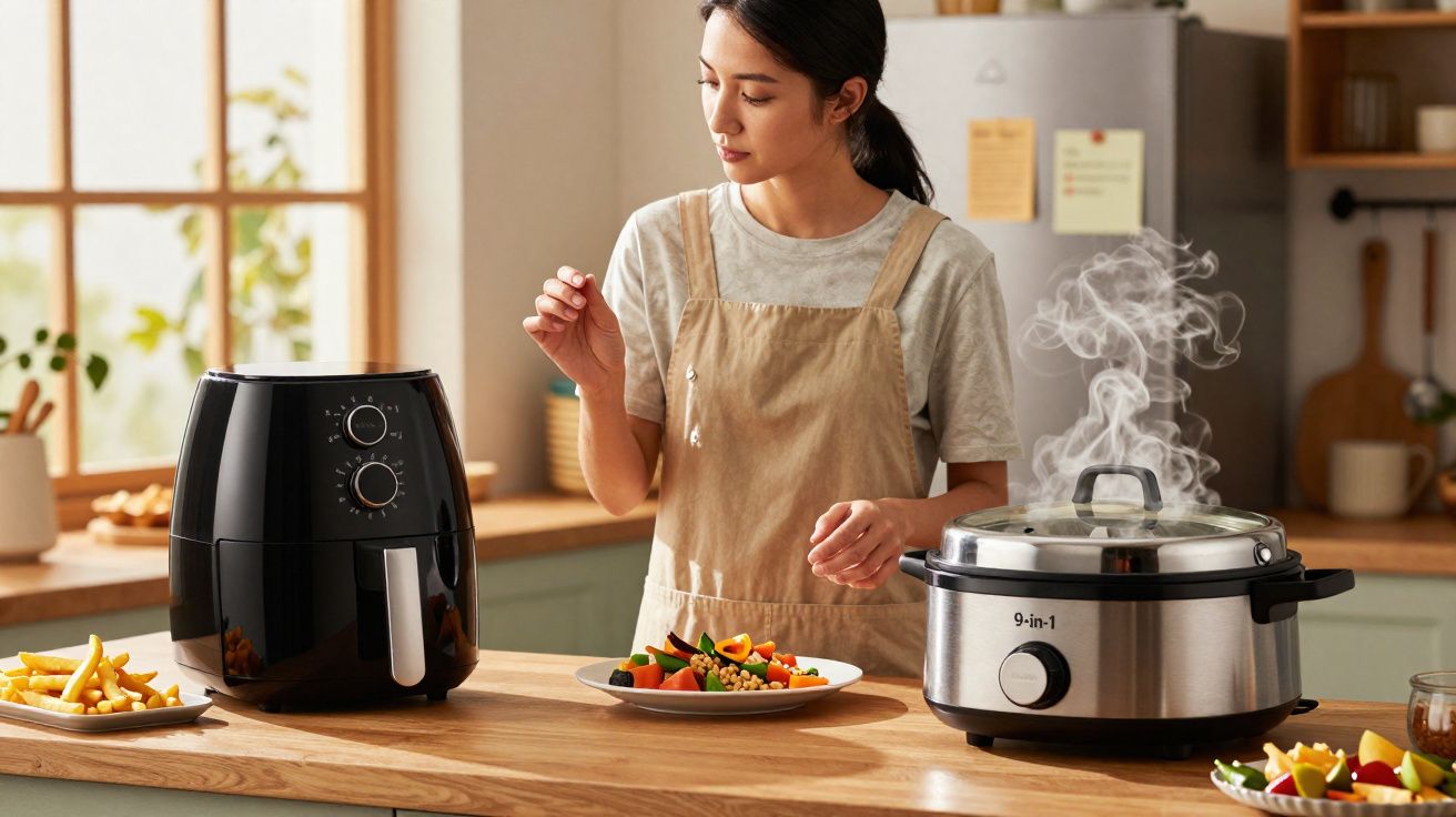 Mulher preparando comida em cozinha moderna com airfryer e panela elétrica a vapor.