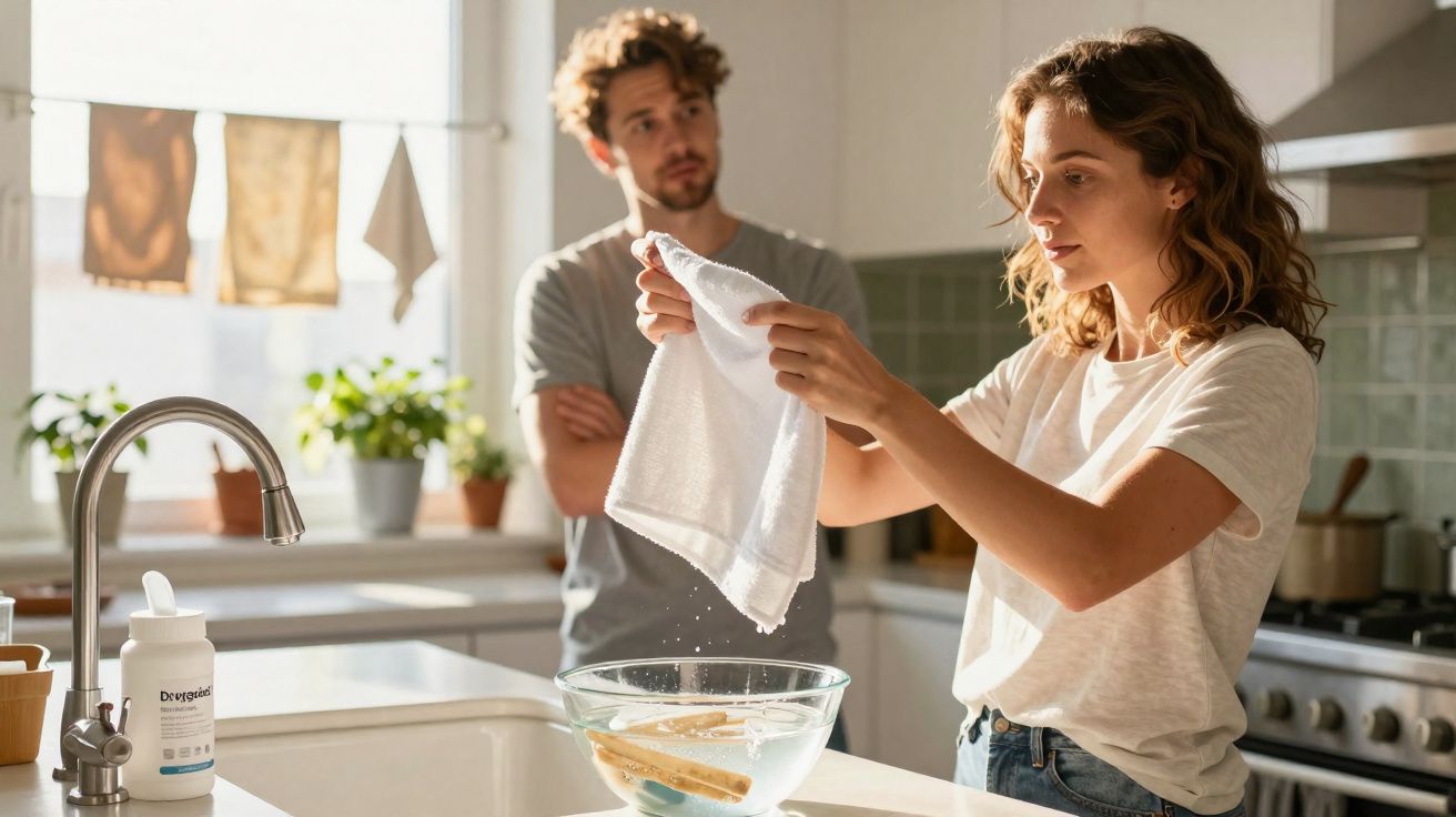 Mulher espremendo toalha sobre tigela na cozinha enquanto homem observa ao fundo.