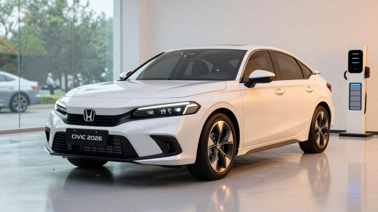 Carro branco Honda Civic 2026 estacionado ao lado de carregador elétrico em ambiente interno.