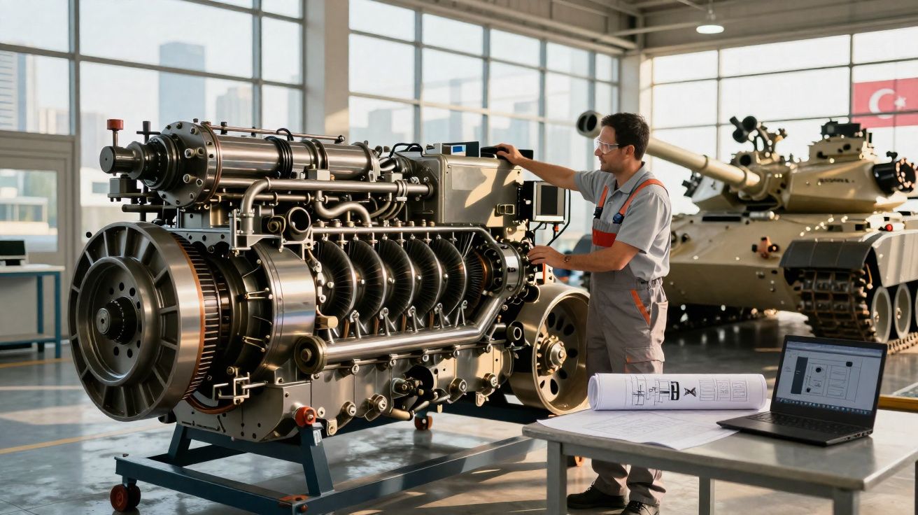 Engenheiro inspeciona motor grande em oficina industrial com tanque de guerra ao fundo e projetos na mesa.