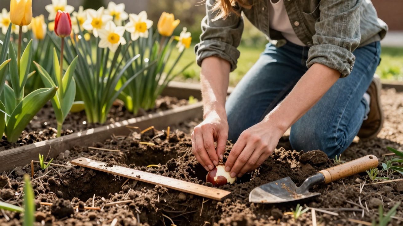Pessoa plantando bulbo de flor em jardim com flores amarelas e vermelhas ao fundo.
