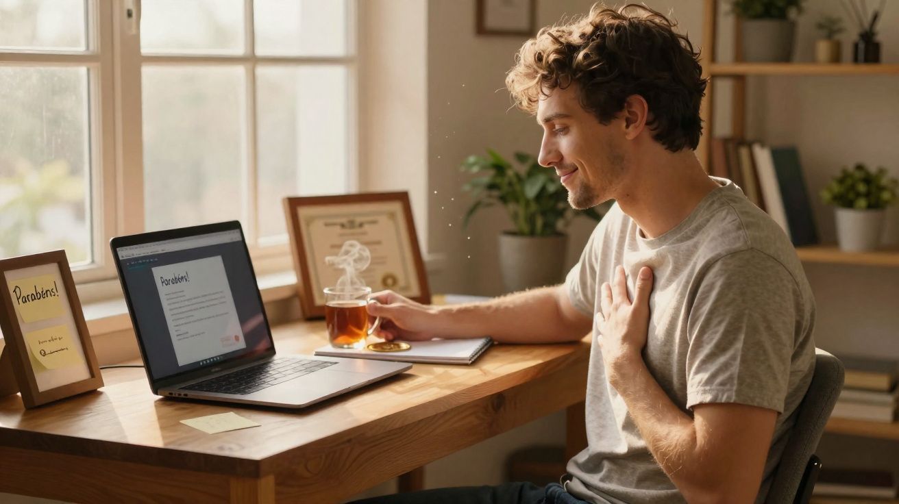 Homem sorridente segurando chá quente sentado em frente a um laptop em uma mesa de madeira junto a quadros e plantas.