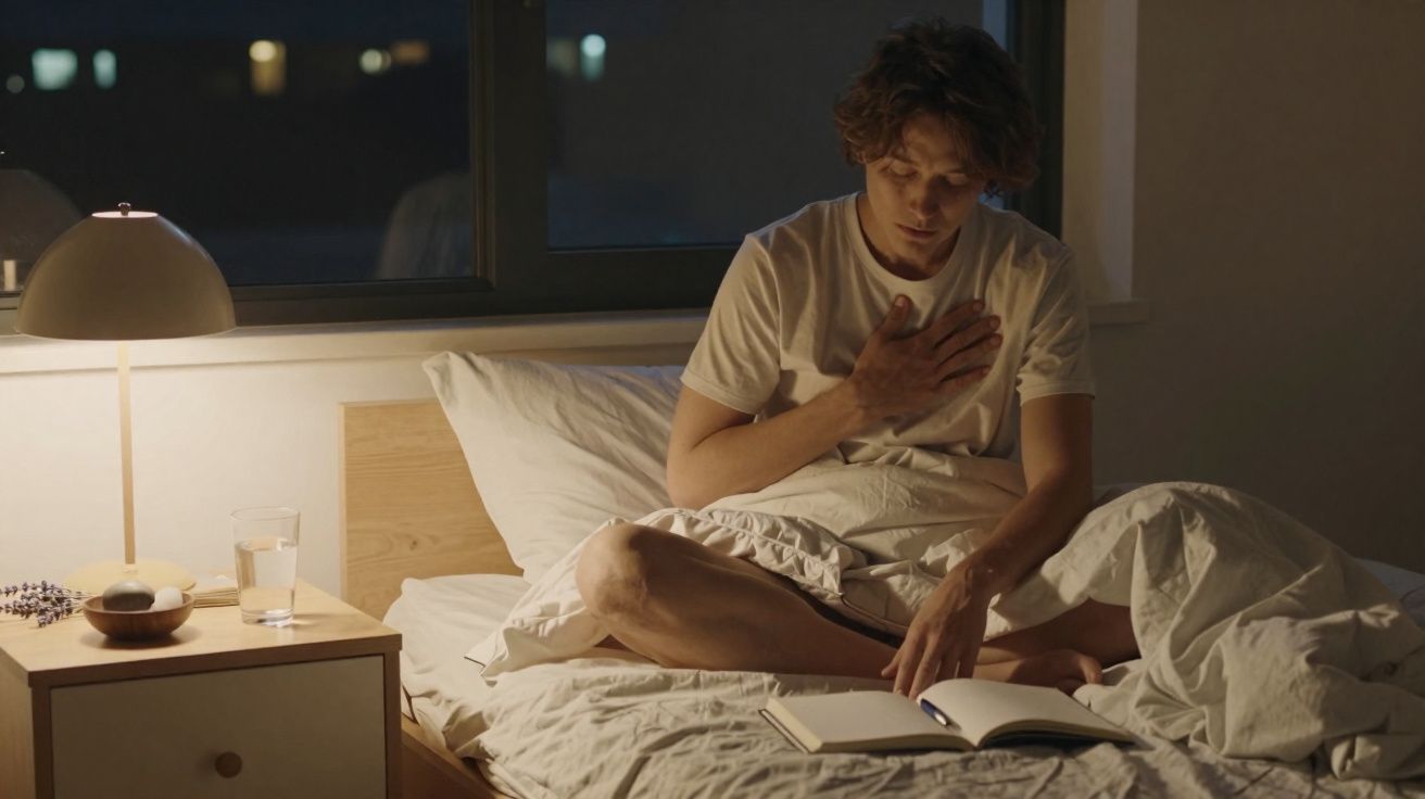 Jovem sentado na cama à noite, lendo livro com uma mão no peito, próximo a abajur e copo d'água.