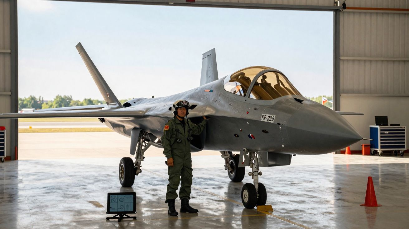 Piloto em traje verde encostado em caça militar cinza dentro de hangar aberto.