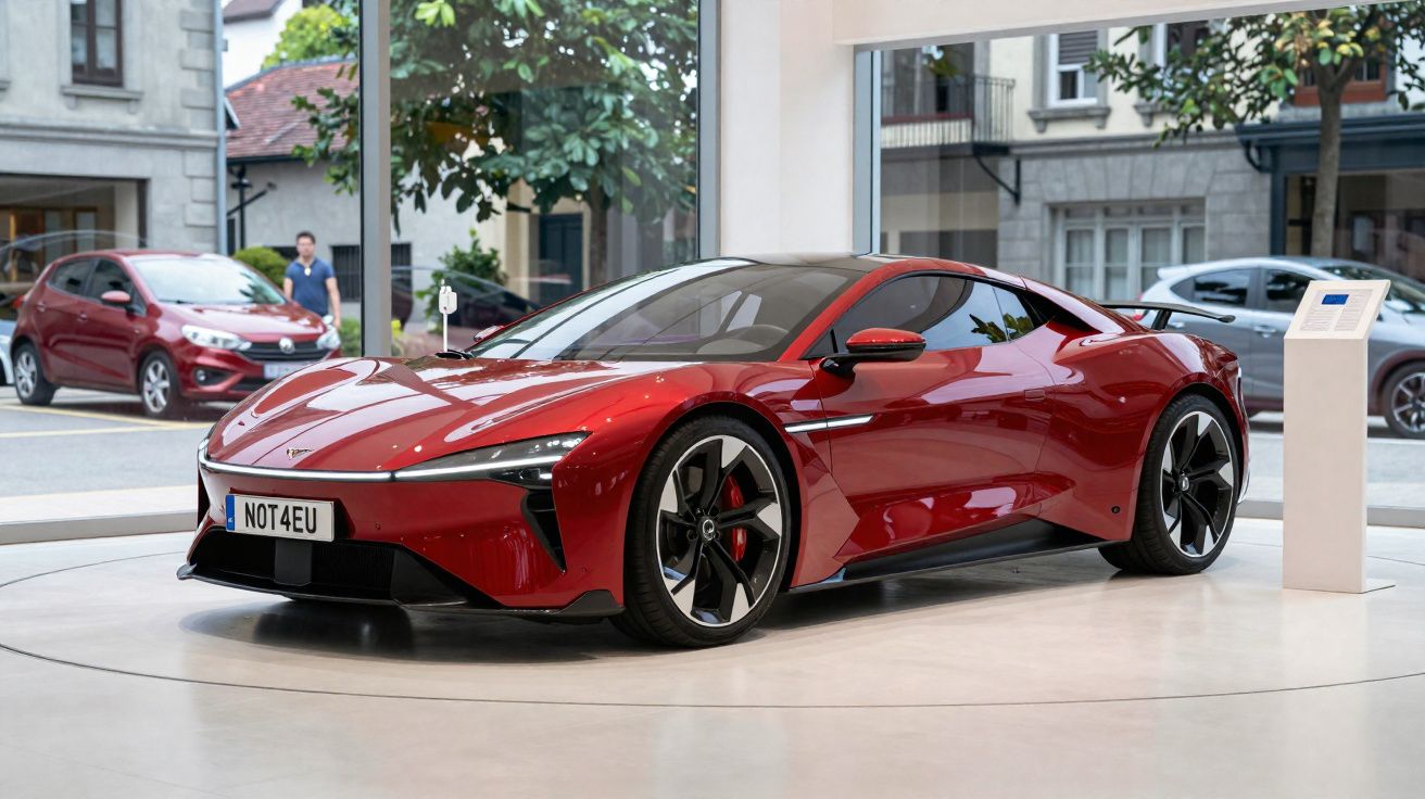 Carro esportivo vermelho exposto em ambiente interno com acabamento moderno e rodas pretas.