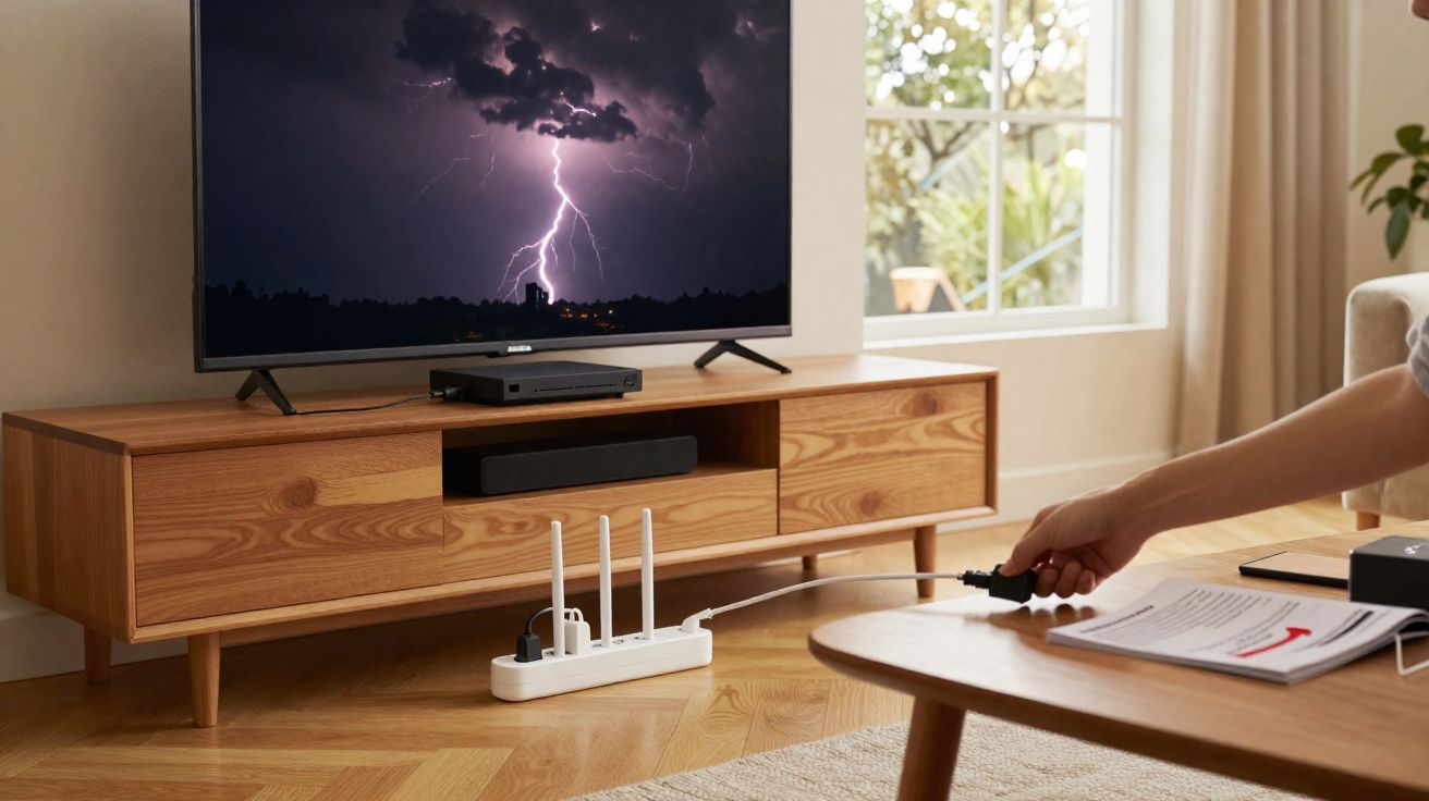 Pessoa segurando o plugue próximo a um filtro de linha branco perto de um rack de TV com imagem de raio na tela.