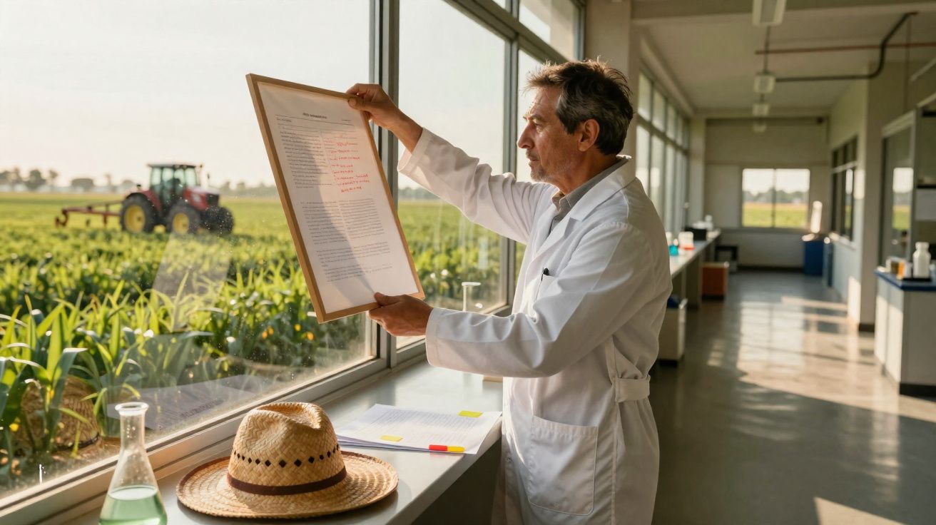 Homem em jaleco analisa documento em laboratório com janela para plantação e trator ao fundo.