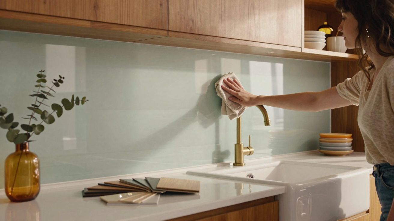 Mulher limpando parede da pia da cozinha com pano, ao lado jarro âmbar e amostras de cores na bancada.