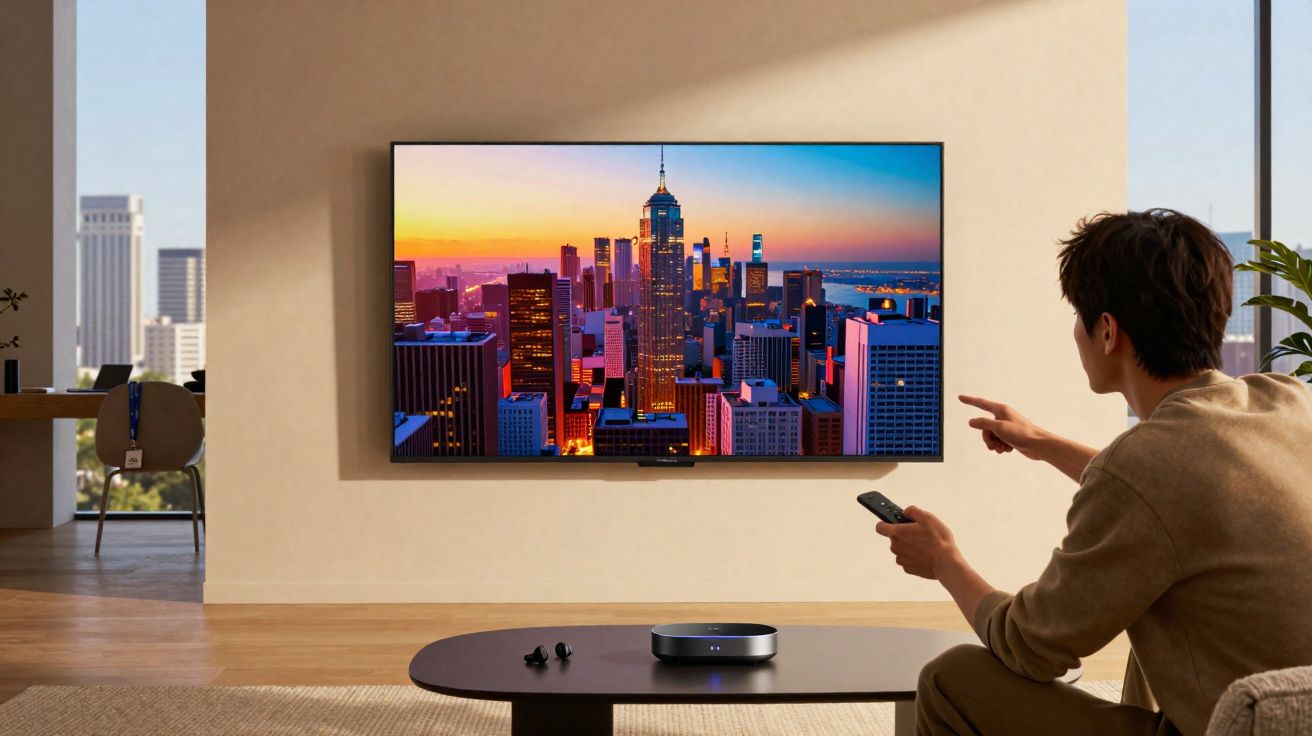 Homem assistindo TV com imagem de cidade iluminada ao pôr do sol em sala moderna e iluminada.
