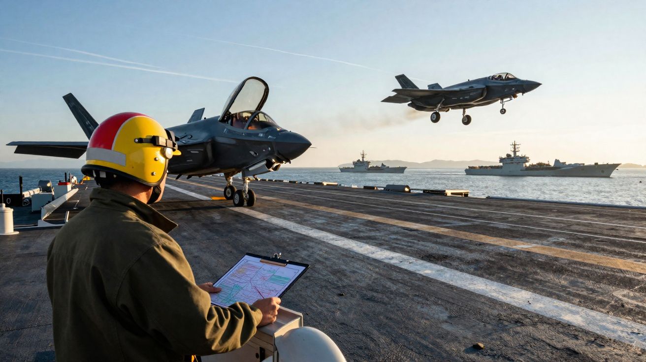 Operador com capacete amarelo monitora avião militar decolando de porta-aviões ao pôr do sol.