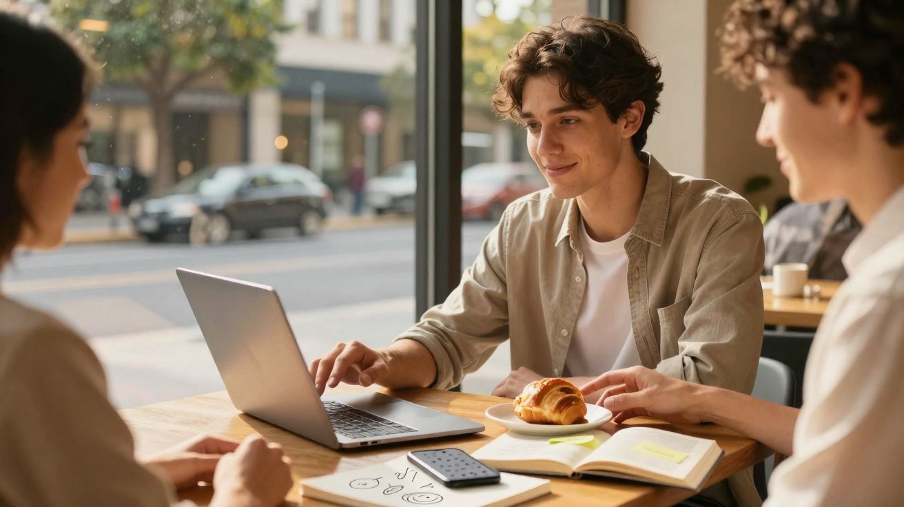 Jovens reunidos em café, um usando laptop e outro comendo croissant, com bloco de notas na mesa.