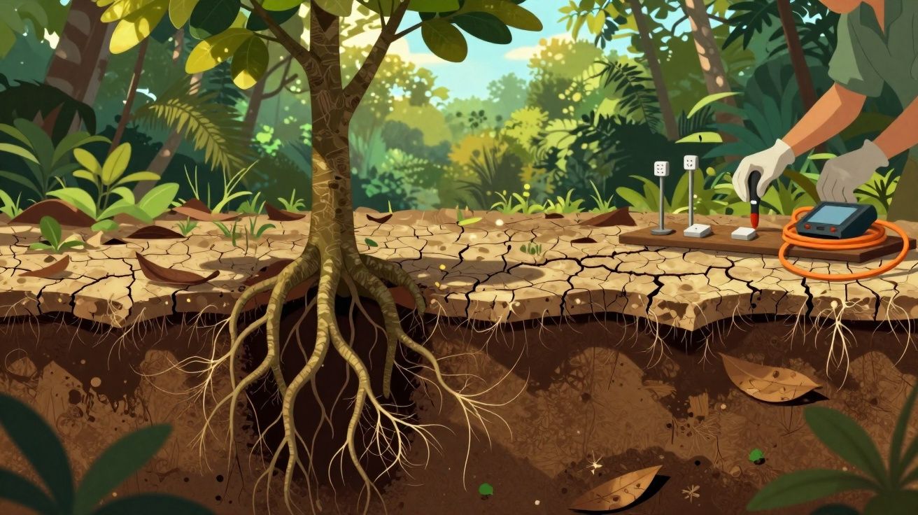 Ilustração de raiz de árvore na terra seca sendo examinada com equipamento eletrônico em floresta.
