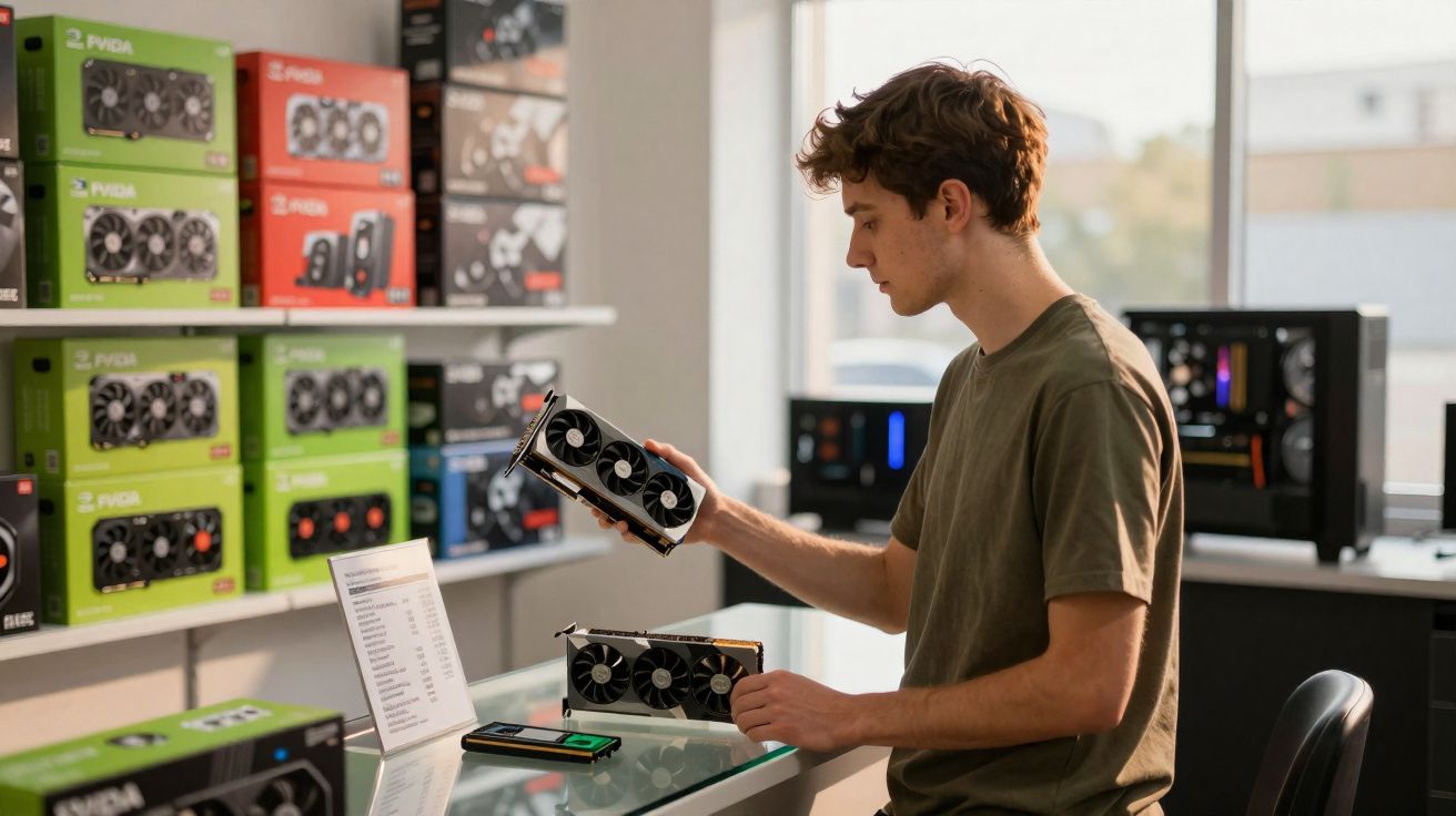 Jovem segurando placas de vídeo em uma loja de informática com várias caixas no fundo.