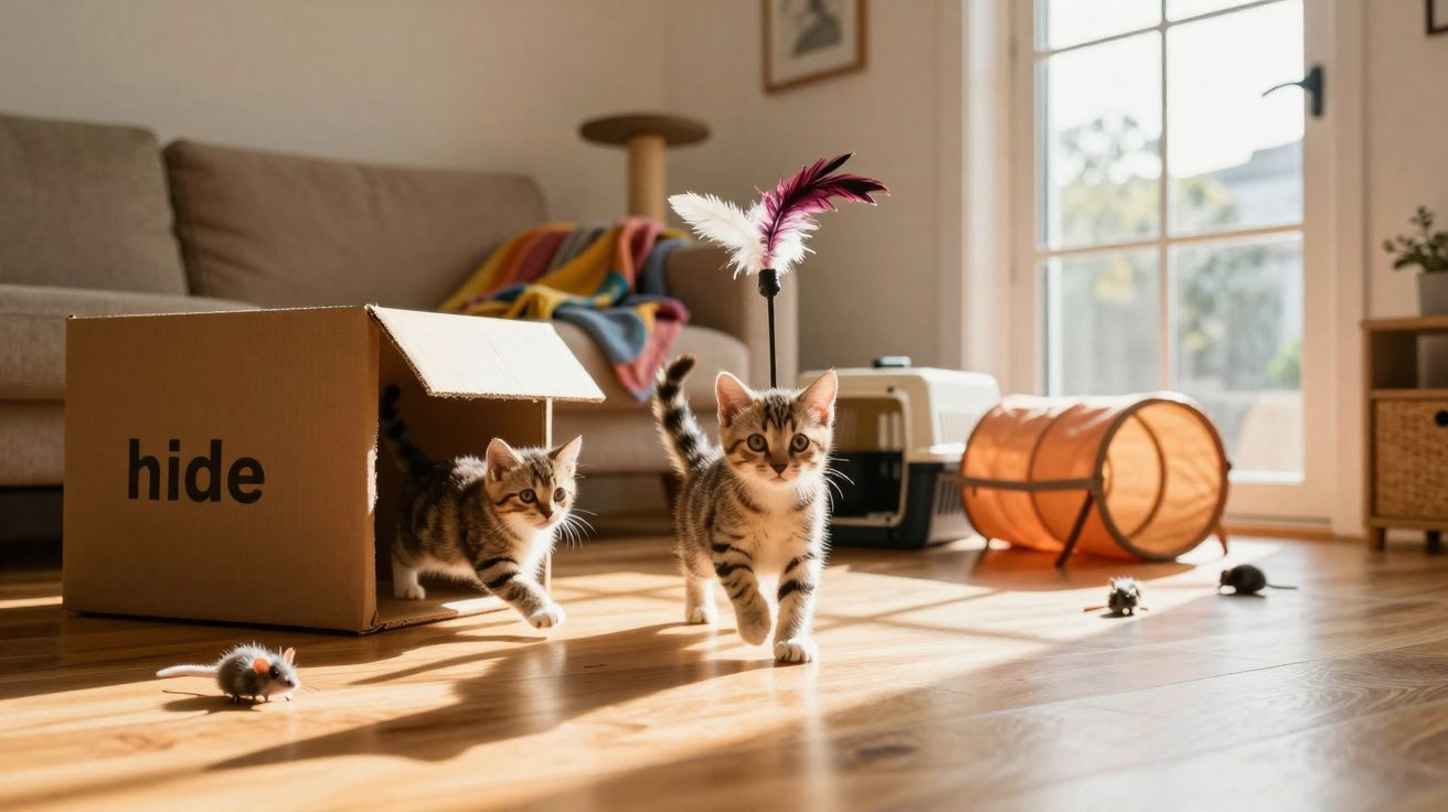 Dois gatinhos saindo de uma caixa de papelão em uma sala iluminada com brinquedos ao redor.