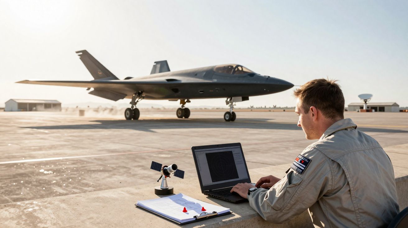 Homem usando computador ao ar livre em base aérea com avião militar futurista ao fundo.