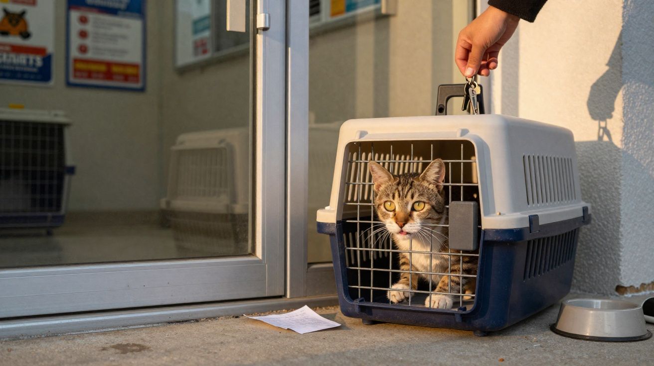Gato dentro de caixa de transporte sendo segurada por uma mão próxima à porta de clínica veterinária.