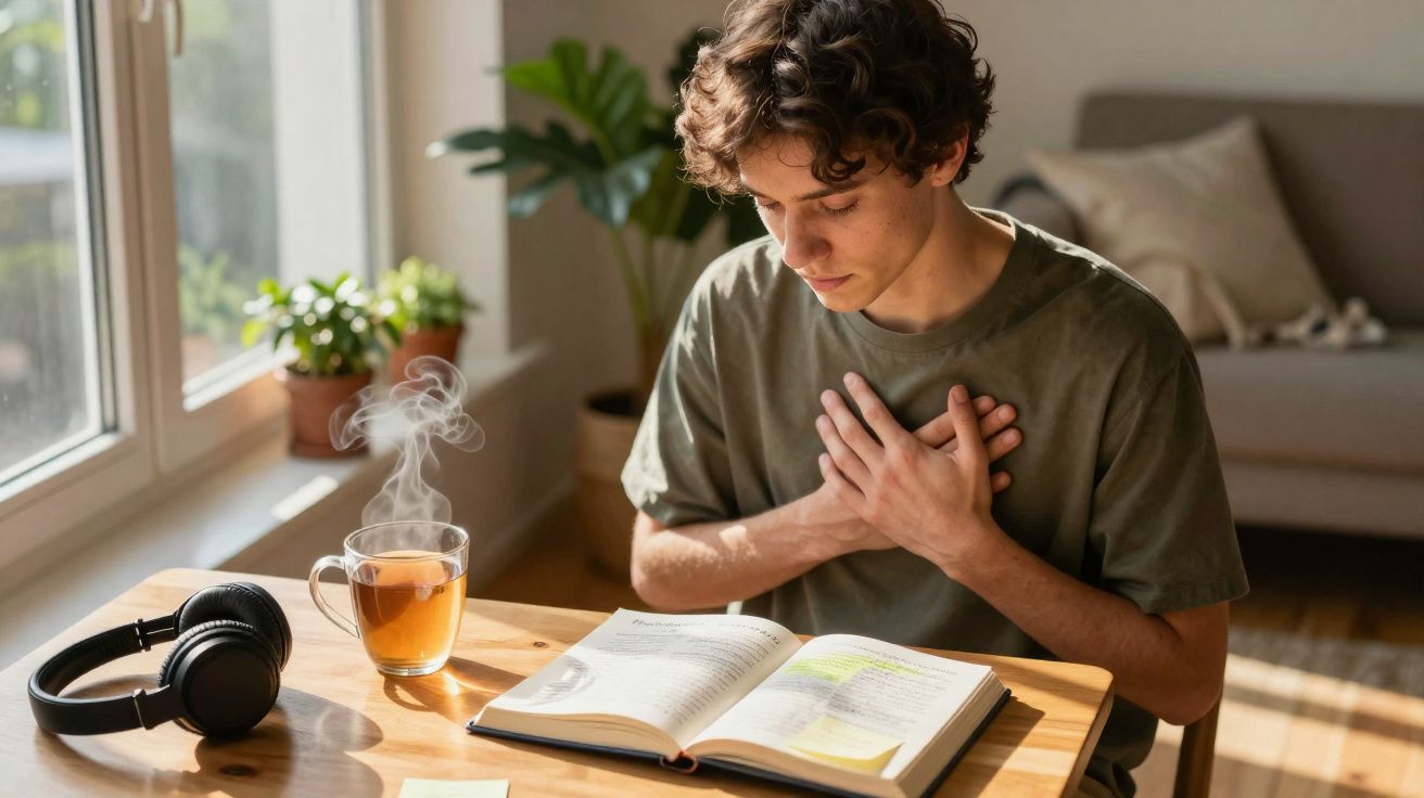 Jovem sentado à mesa com mãos no peito lendo um livro, com chá quente e fones ao lado.
