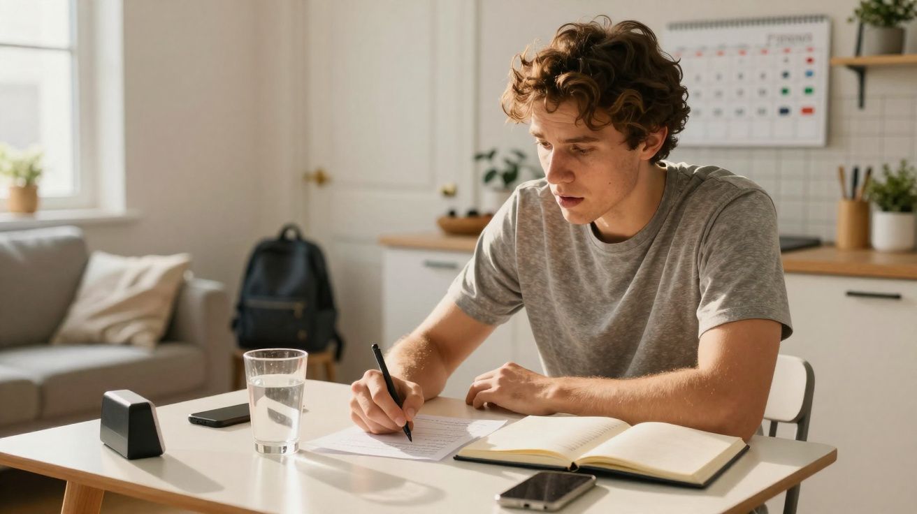 Jovem sentado à mesa escrevendo em folha, com caderno aberto, copo d'água e celular próximo.
