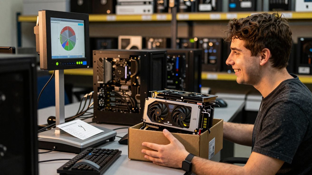Homem sorrindo segurando placa de vídeo em caixa de papelão em mesa com computador e monitor exibindo gráfico circular.