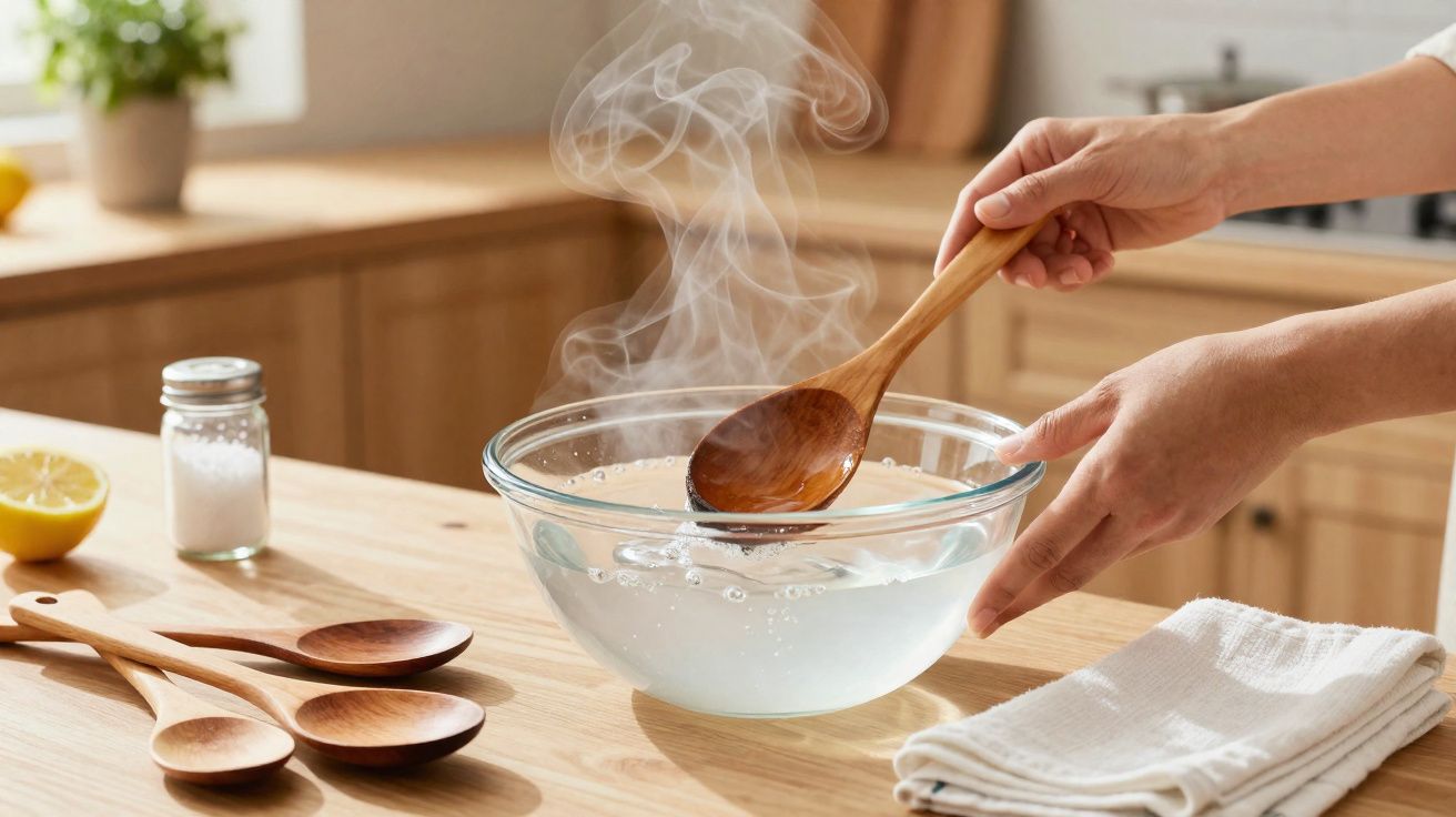 Mãos mexendo água quente em uma tigela de vidro com colher de pau em cozinha clara.